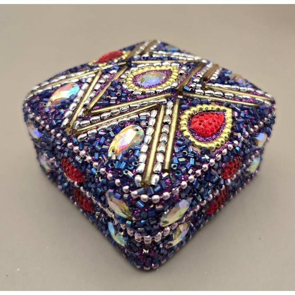 Mini Purple Tin Trinket Box Purple Beading Jeweled Vintage Pier One Imports B#36